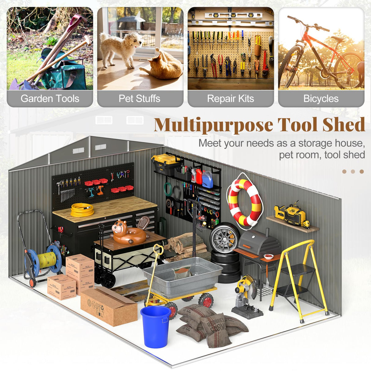 Goplus 10 x 14 FT Outdoor Storage Shed, Large Garden Tool House w/Improved Windproof Metal Structure, 4 Vents, Lockable Door, Waterproof Utility Tool Organizer for Backyard, Lawn, Patio Goplus