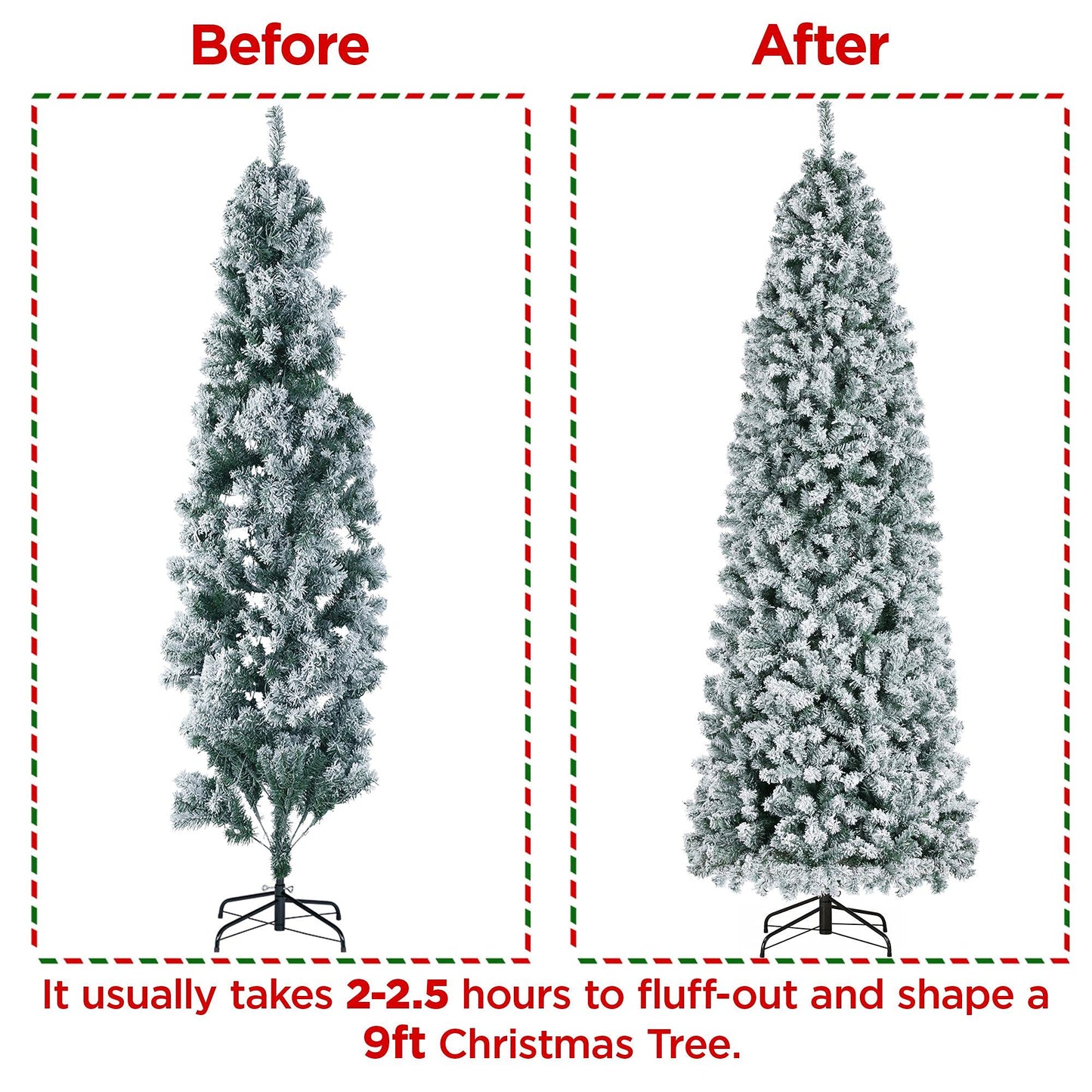 Yaheetech 9ft Pre-lit Snow Flocked Pencil Christmas Tree Kingswood Fir Hinged Slim Skinny Corner Xmas Tree Holiday Decoration with 350 Incandescent Warm White Lights & 1086 Snow Branch Tips, White