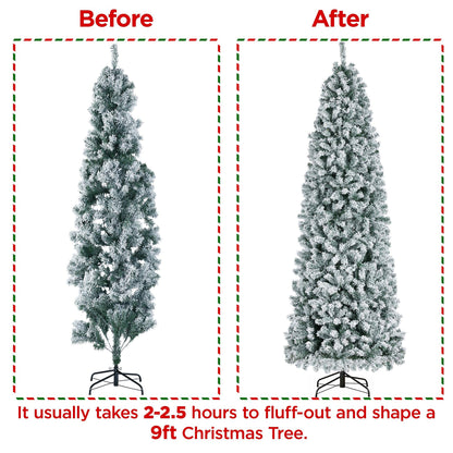 Yaheetech 9ft Pre-lit Snow Flocked Pencil Christmas Tree Kingswood Fir Hinged Slim Skinny Corner Xmas Tree Holiday Decoration with 350 Incandescent Warm White Lights & 1086 Snow Branch Tips, White