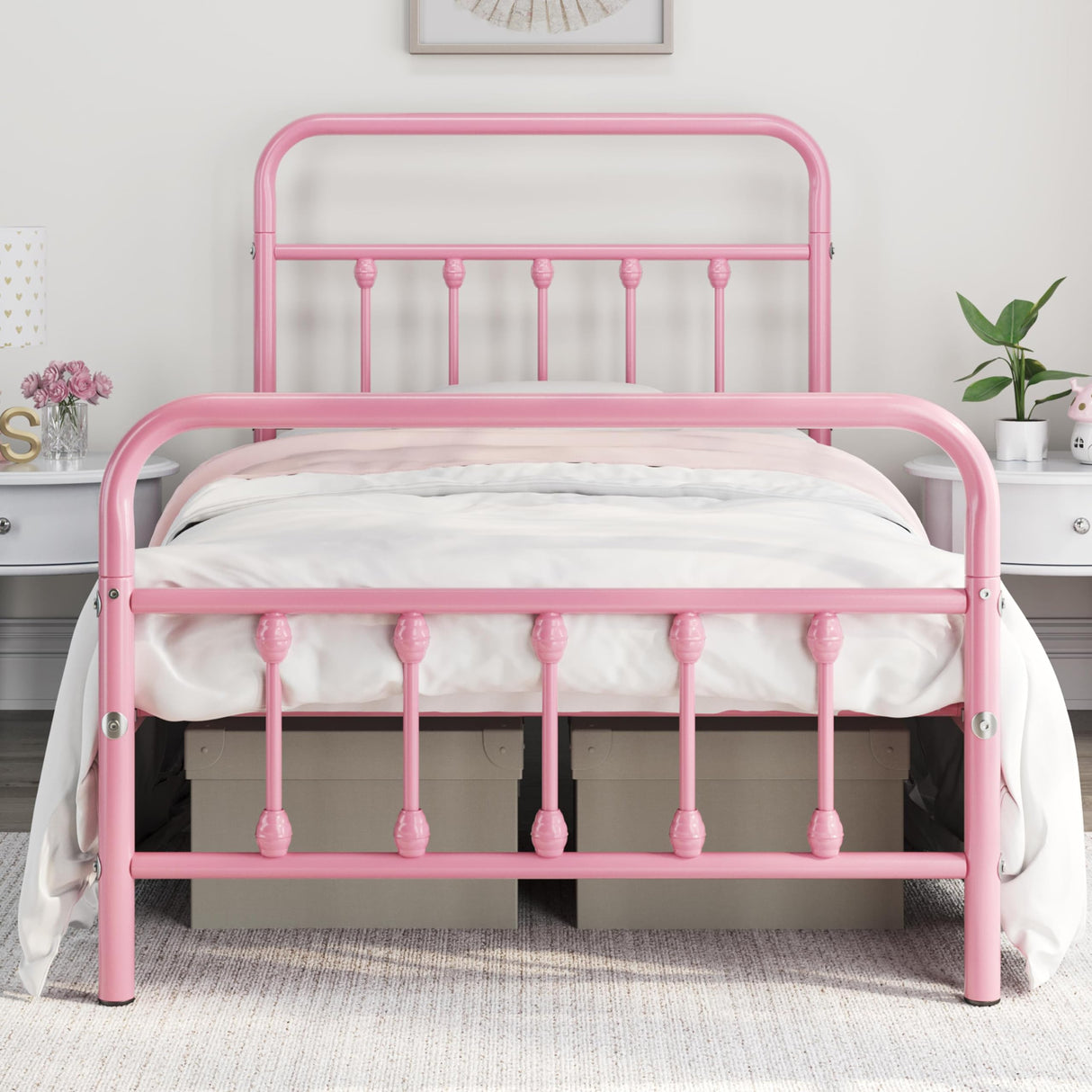 Yaheetech Classic Metal Platform Bed Frame Mattress Foundation with Victorian Style Iron-Art Headboard/Footboard/Under Bed Storage/No Box Spring Needed/Twin Size Pink Yaheetech