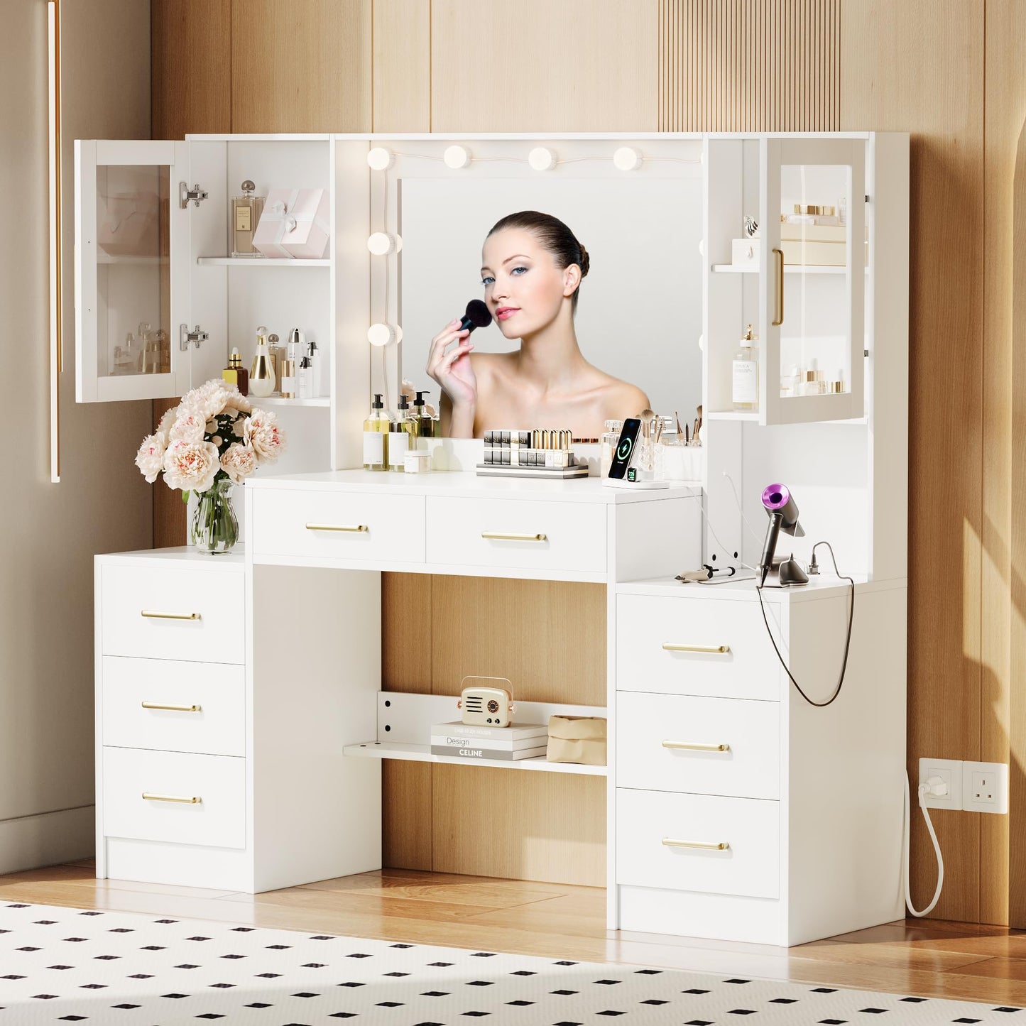 58.3" Makeup Vanity Desk with Charging Station, White Makeup Dressing Table with Mirror & Lights, 3 Lighting Modes Adjustable Brightness, Vanity Table with Power Outlet & 8 Drawers without Stool