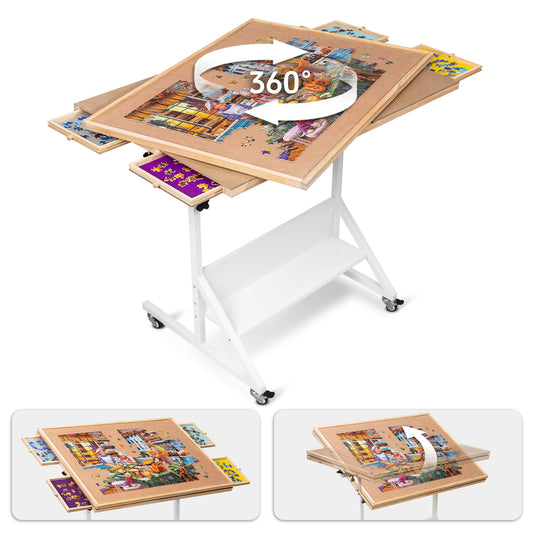 Tektalk Rotating Jigsaw Puzzle Table with Angle & Height Adjustment, Puzzle Board with 4 Colored Drawers, Tilting Puzzle Easel with Legs, Enclosed with 4 Roller Wheels, for Up to 1500 Pieces - WoodArtSupply