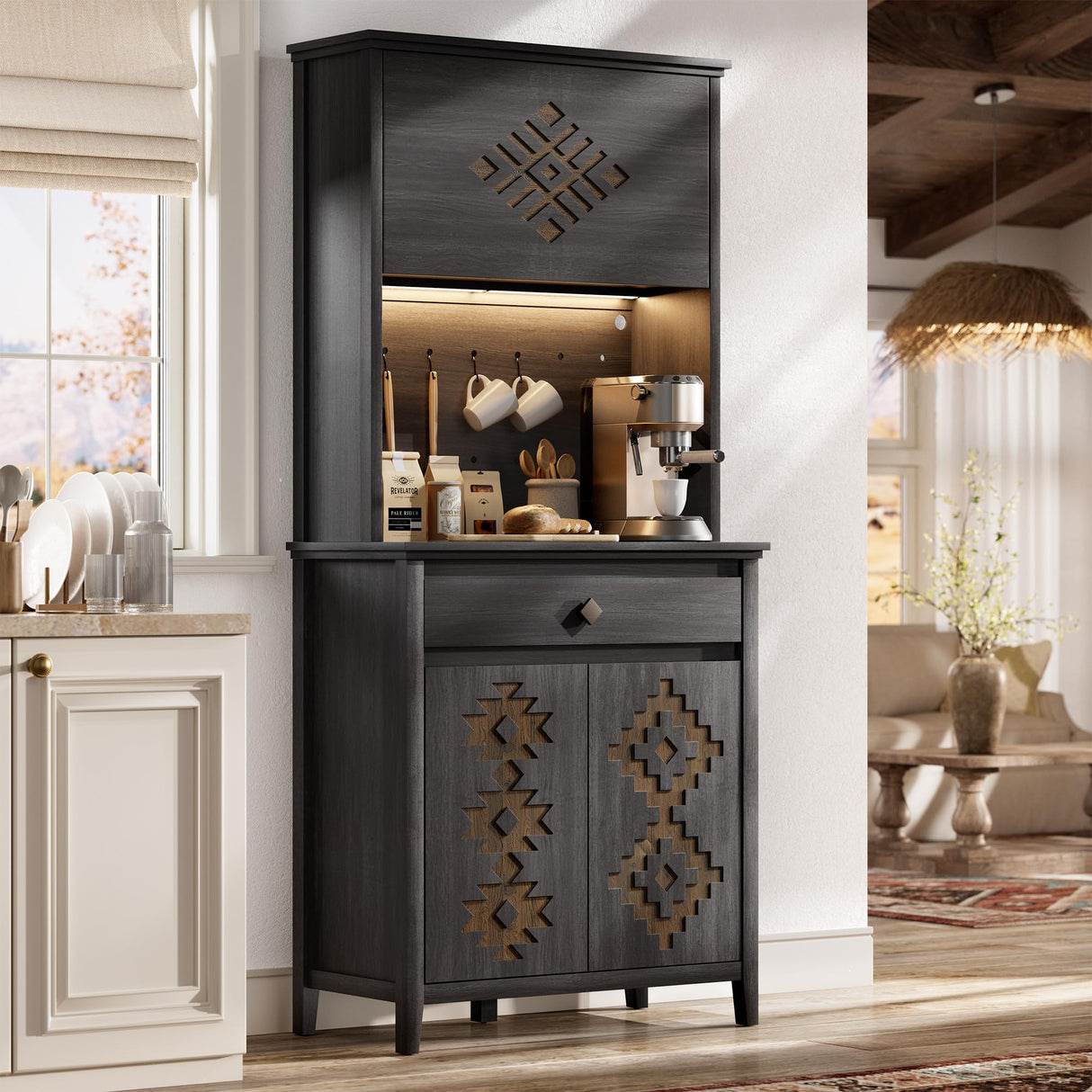 nesture. 71.5" Tall Kitchen Pantry with Hydraulic Flip Up Door, Storage Cabinet with LED Lights & Charging Station, Drawer and Adjustable Shelves, Cupboard for Kitchen, Dining Room, and Hallway, Black nesture.