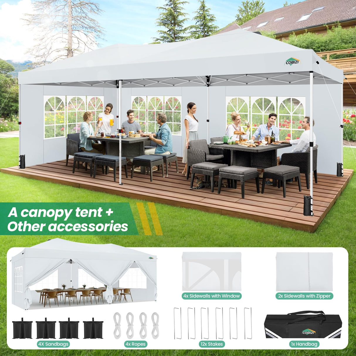 COBIZI Canopy 10x20 Pop Up Canopy Tent with 6 Sidewalls, One Push Party Tents for Parties Outdoor Wedding Waterproof Gazebo Commercial Event Tent with Sandbags, White COBIZI