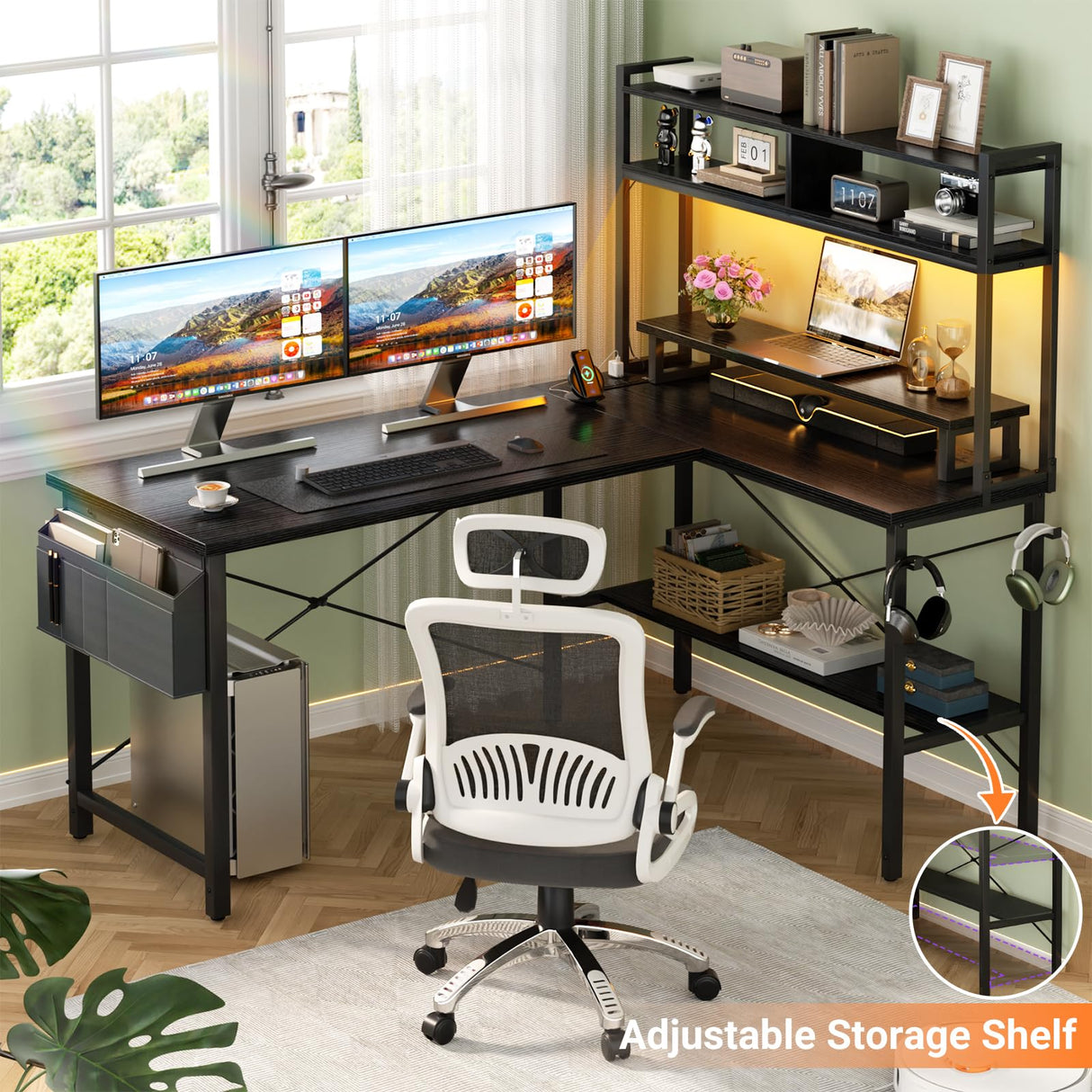 Aheaplus L Shaped Gaming Desk with Power Outlets & LED Lights, Small L- Shaped Desk Computer Corner Desk with Monitor Stand & Storage Shelf, Home Office Desk Writing Desk with Storage Bag, Black Aheaplus