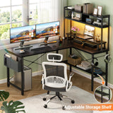 Aheaplus L Shaped Gaming Desk with Power Outlets & LED Lights, Small L- Shaped Desk Computer Corner Desk with Monitor Stand & Storage Shelf, Home Office Desk Writing Desk with Storage Bag, Black Aheaplus