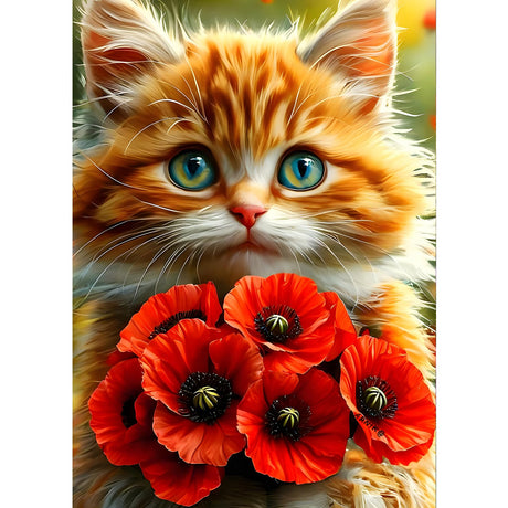 GDYEEH DIY Kitten 5D Diamond Art Kits, Round Full Drill Sparkling Poppies Flowers Diamond Painting Picture, Fantasy Cat Painting by Numbers Art Kits for Adults Beginners Home Wall Decor 12x16 inch GDYEEH