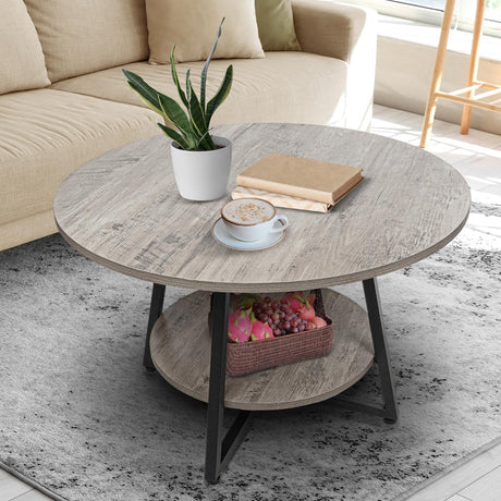 Masigle Round Coffee Table, 2-Tier Circle Coffee Table with Storage, Modern Wood Round Center Table, for Living Room, Small Space, Home Office, Easy Assembly, Wash Gray Masigle