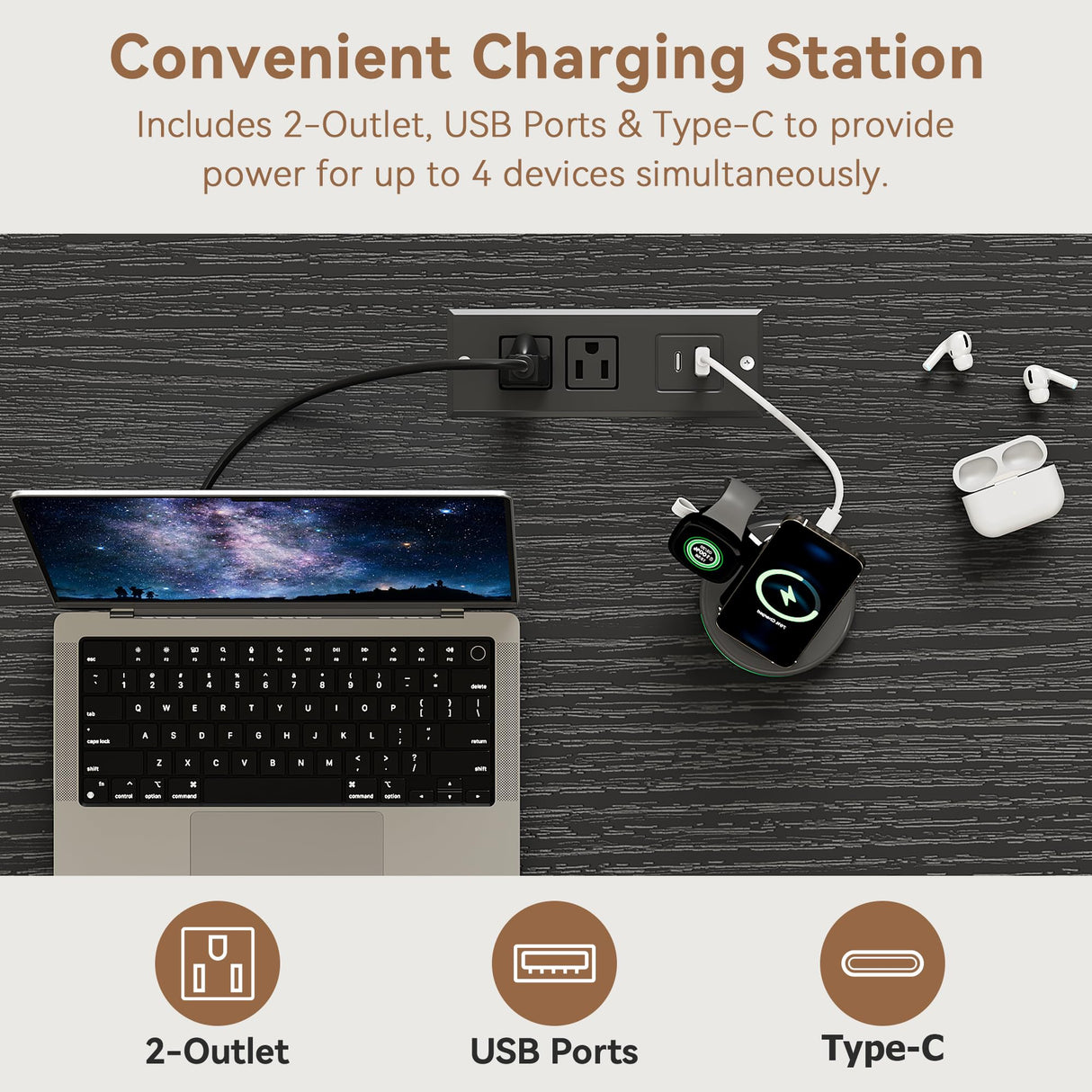 Farmhouse 57" Lift Desktop Executive Desk with 6 Drawers and Charging Station, Wood Home Office Computer Desk with File Cabinet Storage, Keyboard Tray,Headphone hook for Work,Study, Antique White Jocoevol