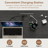 Farmhouse 57" Lift Desktop Executive Desk with 6 Drawers and Charging Station, Wood Home Office Computer Desk with File Cabinet Storage, Keyboard Tray,Headphone hook for Work,Study, Antique White Jocoevol