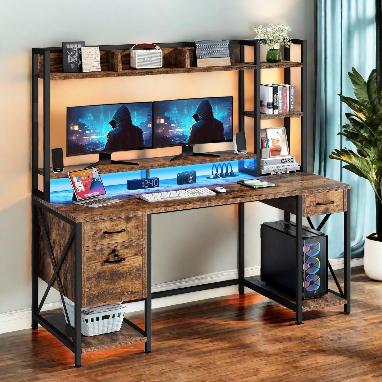 YITAHOME Computer Desk with Drawers & Power Outlets, 59" Home Office Desk with Hutch, Gaming Desk with LED Lights, Rustic Brown