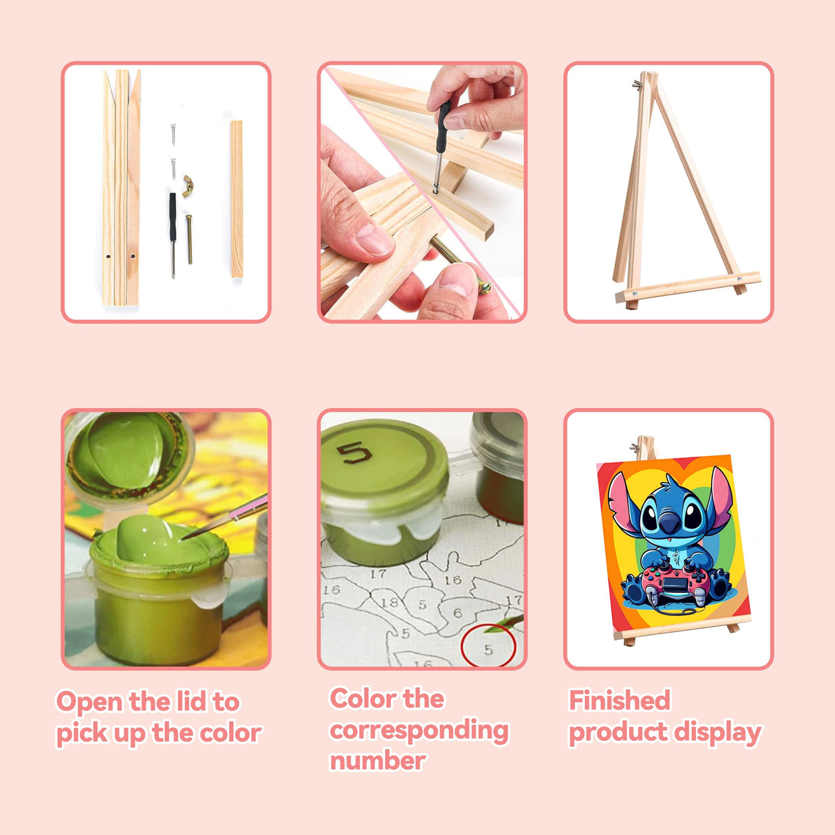 KOJEFCV 4 Pack Cartoon Paint by Numbers for Kids with Framed Canvas-with Wooden Easel, Paint by Number for Kids Ages 4-8-12, DIY Easy Acrylic Oil Painting Kits for Home Wall Decor (8X8inch) KOJEFCV