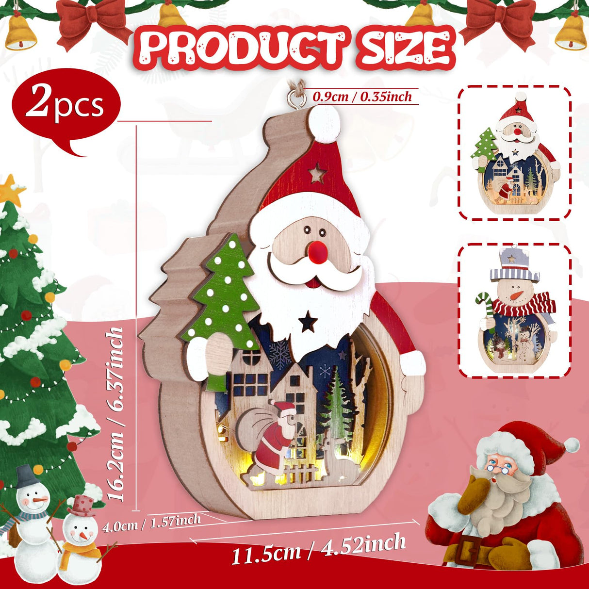 OurWarm 2 Pcs Wooden Christmas Ornaments, LED Luminous Wood Christmas Decor Snowman Santa Claus Christmas Tree Hanging Ornaments, Table Hotel Window Display, Crafts Gifts for Xmas Party Decor OurWarm