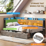 RALGEND Corner Bed Frame with Bookcase Storage and PU Upholstered, Twin Daybed with 2 Drawers and Charging Station, Metal Platform Bed Fram for Living Room, Bedroom, Guest Room, Gray and Black RALGEND