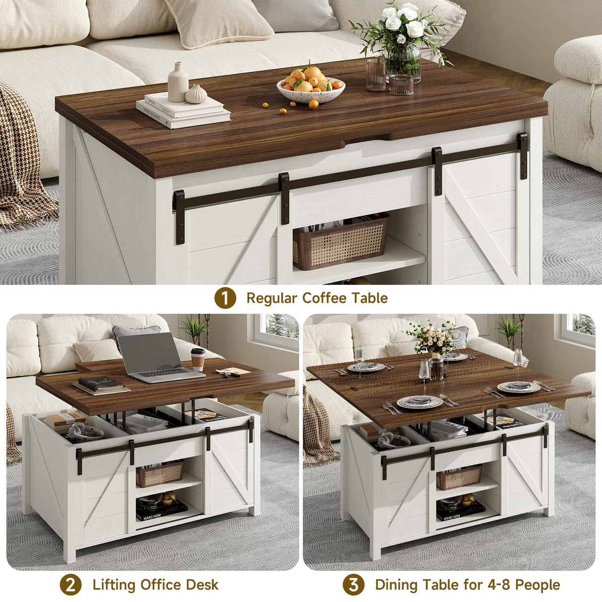 ONBRILL Farmhouse Lift Top Coffee Table with Sliding Barn Door,Rustic Center Table with Hidden Storage Compartment,Storage Coffee Table Converts to Dining Table for Living Room,Office,White and Brown ONBRILL