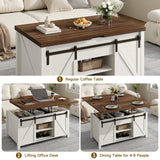 ONBRILL Farmhouse Lift Top Coffee Table with Sliding Barn Door,Rustic Center Table with Hidden Storage Compartment,Storage Coffee Table Converts to Dining Table for Living Room,Office,White and Brown ONBRILL