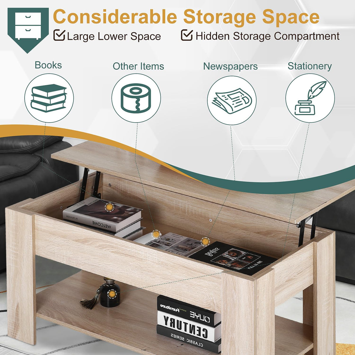 PayLessHere Coffee Table Lift Top Coffee Tables with Hidden Compartment and Storage Shelf Wooden Lift Tabletop Dining Table for Living Room Home Small Space, Natural PayLessHere