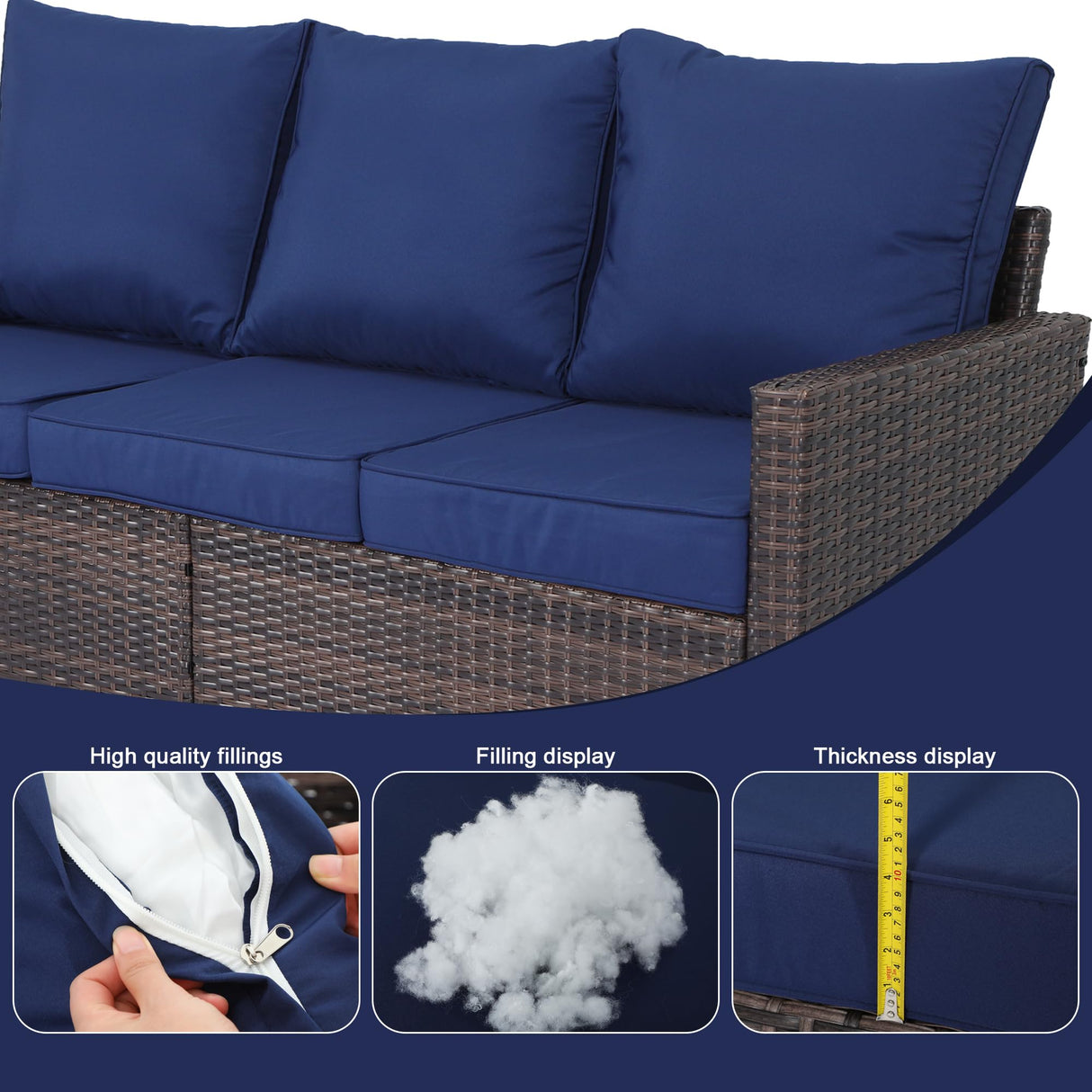 EortheX Outdoor Patio Sofa, 3-Seat Rattan Wicker Couch for Garden Deck or Porch, Comfortable All-Weather Patio Furniture with Anti-Slip Cushions (Blue) EortheX outdoor fancy