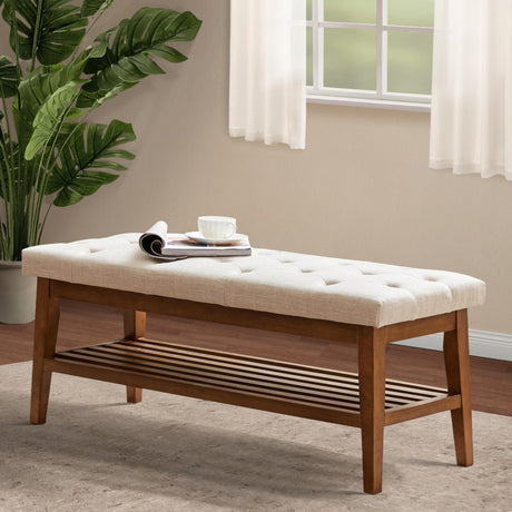 HUIMO Entryway Shoe Bench, End of Bed Bench,Upholstered Button-Tufted Bench for Kitchen, Fabric Ottoman Bench for Living Room, Padded Bench with Solid Wood Shelf Beige HUIMO