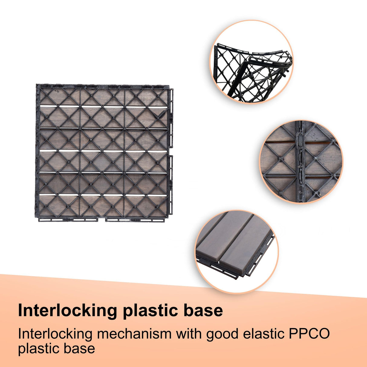 Dolonm Interlocking Solid Wood Deck Tiles, Golden Teak Wood for Flooring Tiles, for Patio Balcony Waterproof Both Indoor and Outdoor Decking Tile Gray Striped 12 x 12 x 0.7 inches Pack of 10 Dolonm