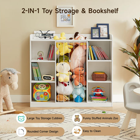 Toddler Stuffed Animal Zoo, Toy Storage Organizer for Playroom, Plush Toy Organizers and Storage, Book Shelf for Kids Rooms, Elastic Band Child Bookcase, Toy Shelf with 8 Storage Cubbies (White) ONBRILL
