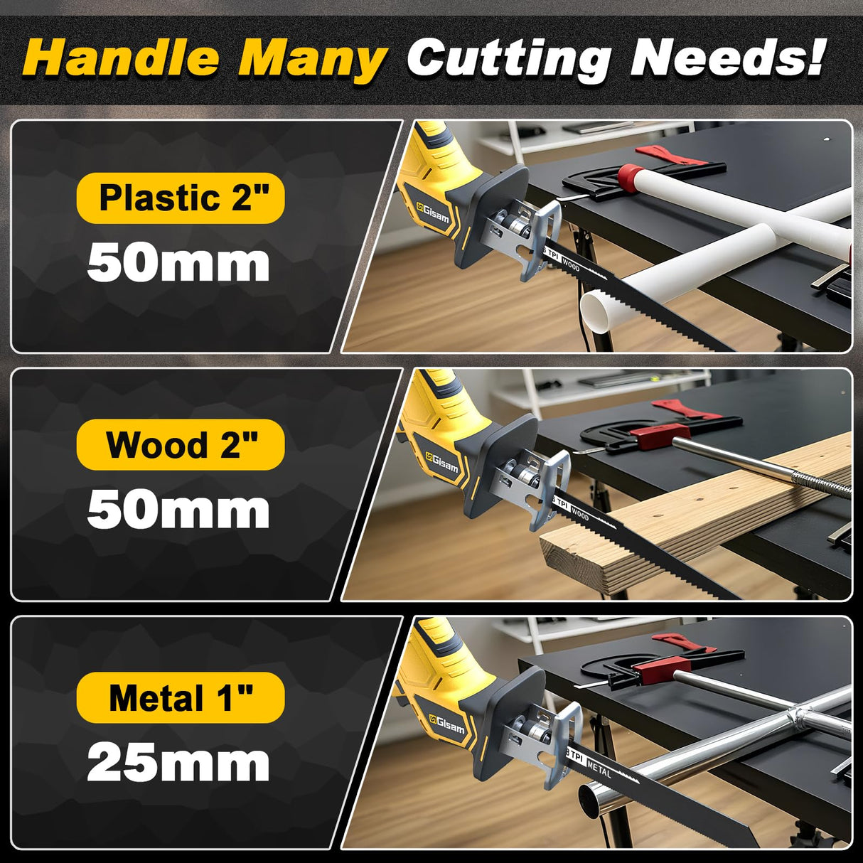 Cordless Reciprocating Saw -2x4.0Ah Batteries, Brushless Motor, 3500SPM Max, One-Hand Operation, Tool-Free Blade Change, for DIY & Home Users Gisam