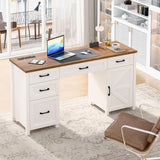 Farmhouse 61'' Executive Desk with 5 Drawers, Rustic Office Desk Computer Desk with Charging Station, File Drawers and Storage Cabinet, Wood Workstation for Study and Home Office,(Unique White) Vabches