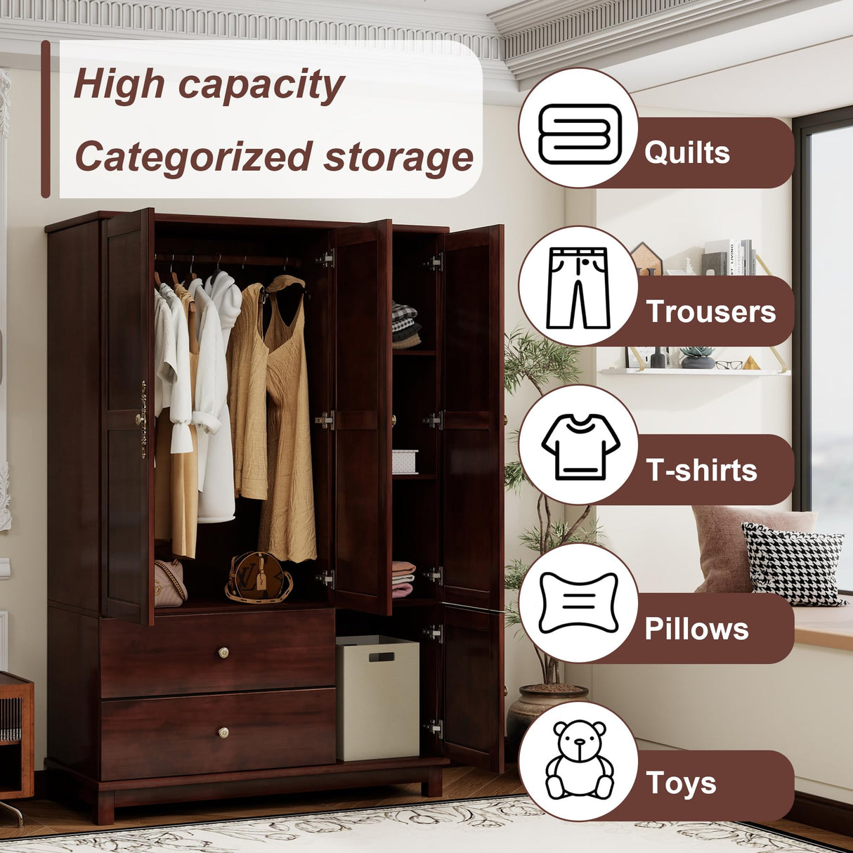 EITACHUL Solid Wood Brown Armoire Wardrobe Closet: 3 Door Solid Wood Wardrobe Cabinet with 2 Drawers, Armoire Closet with Hanging Rods Storing Clothes for Bedroom EITACHUL