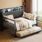 Daybed with Trundle and LED Light, Heavy Duty Metal Full Bed Frame with Upholstered Storage Headboard & Charging Station, Day Bed Pop Up Trundle Bed for Living Room,Bedroom and Guest Room, Black Jocoevol