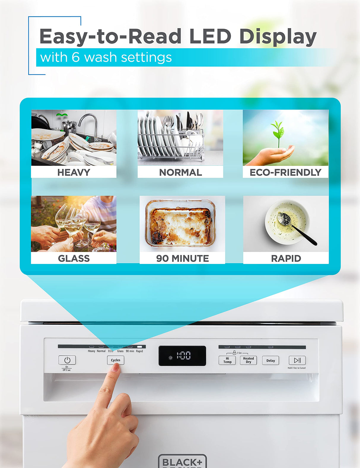 BLACK+DECKER 18” Portable Dishwasher, Compact Dish Washer with 8-Place Setting Capacity, Stainless Steel Tub, 6 Wash Programs, Worktop Space, Mobile Dishwasher with Casters, Faucet Connect, White BLACK+DECKER