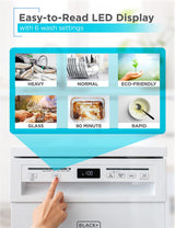 BLACK+DECKER 18” Portable Dishwasher, Compact Dish Washer with 8-Place Setting Capacity, Stainless Steel Tub, 6 Wash Programs, Worktop Space, Mobile Dishwasher with Casters, Faucet Connect, White BLACK+DECKER