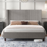 HOWE King Size Upholstered Platform Bed Frame, Wingback Bed with 50.8" Headboard, Corduroy/Solid Wood Leg/No Box Spring Needed/Noise Free/Taupe HOWE
