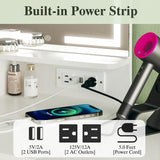 ALEXNUTRE Makeup Vanity Desk with Mirror and Lights, Small Vanity with Fabric Storage Drawer & Chair & Shelves, White Vanity with Fold-up Panel and Power Outlet for Bedroom ALEXNUTRE