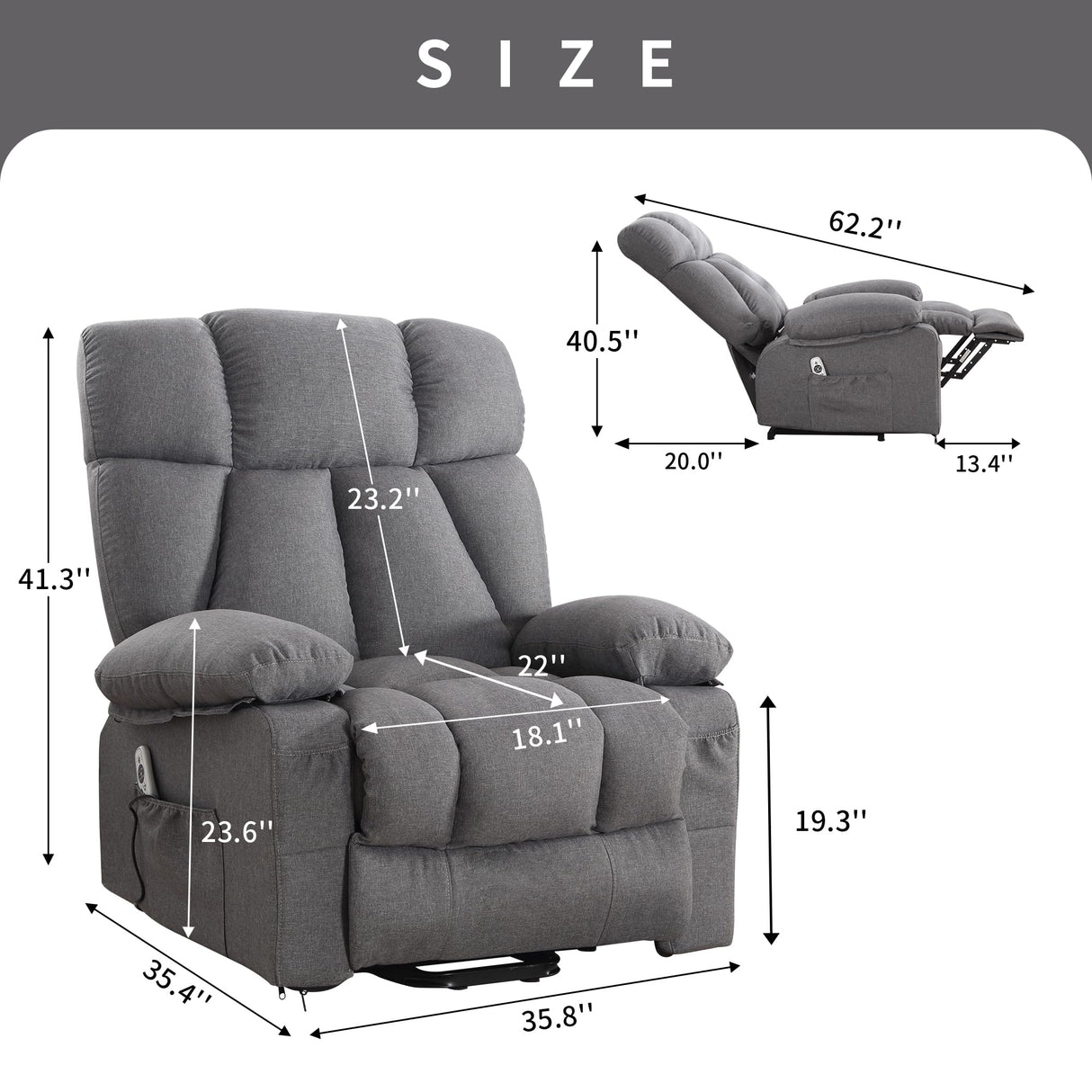 jonpony Oversized Power Lift Recliner Chair for Elderly, Big and Tall Lift Chair with Massage and Heat for Living Room, Fabric Electric Recliner Chairs with 4 Side Pockets, USB Charge Port,Grey jonpony