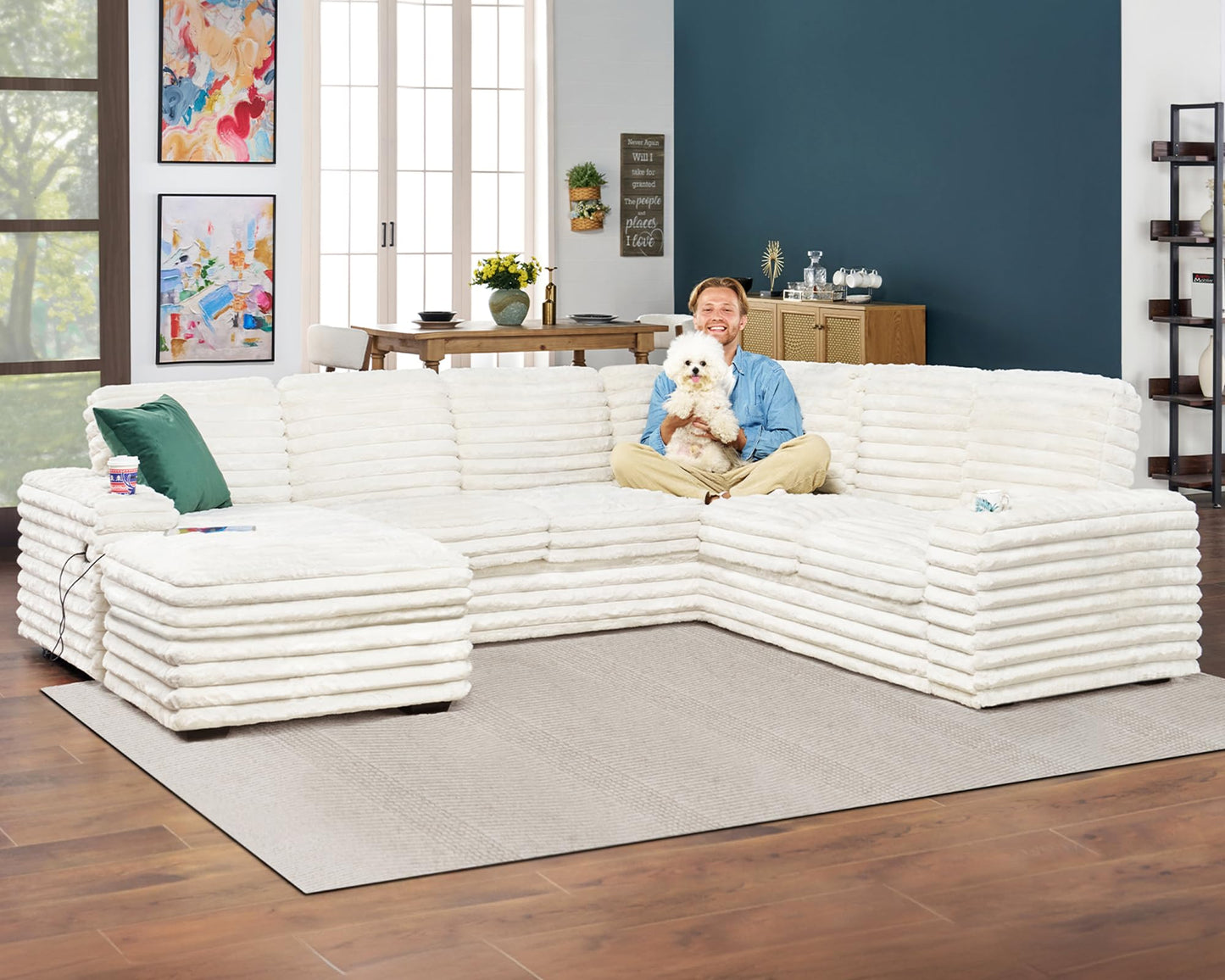 PaPaJet 112 Inch U Shaped Couch, Oversized Couch with Storage, Sectional Sofa with Chaise & 2 USB Ports, Faux Fur White Sofa