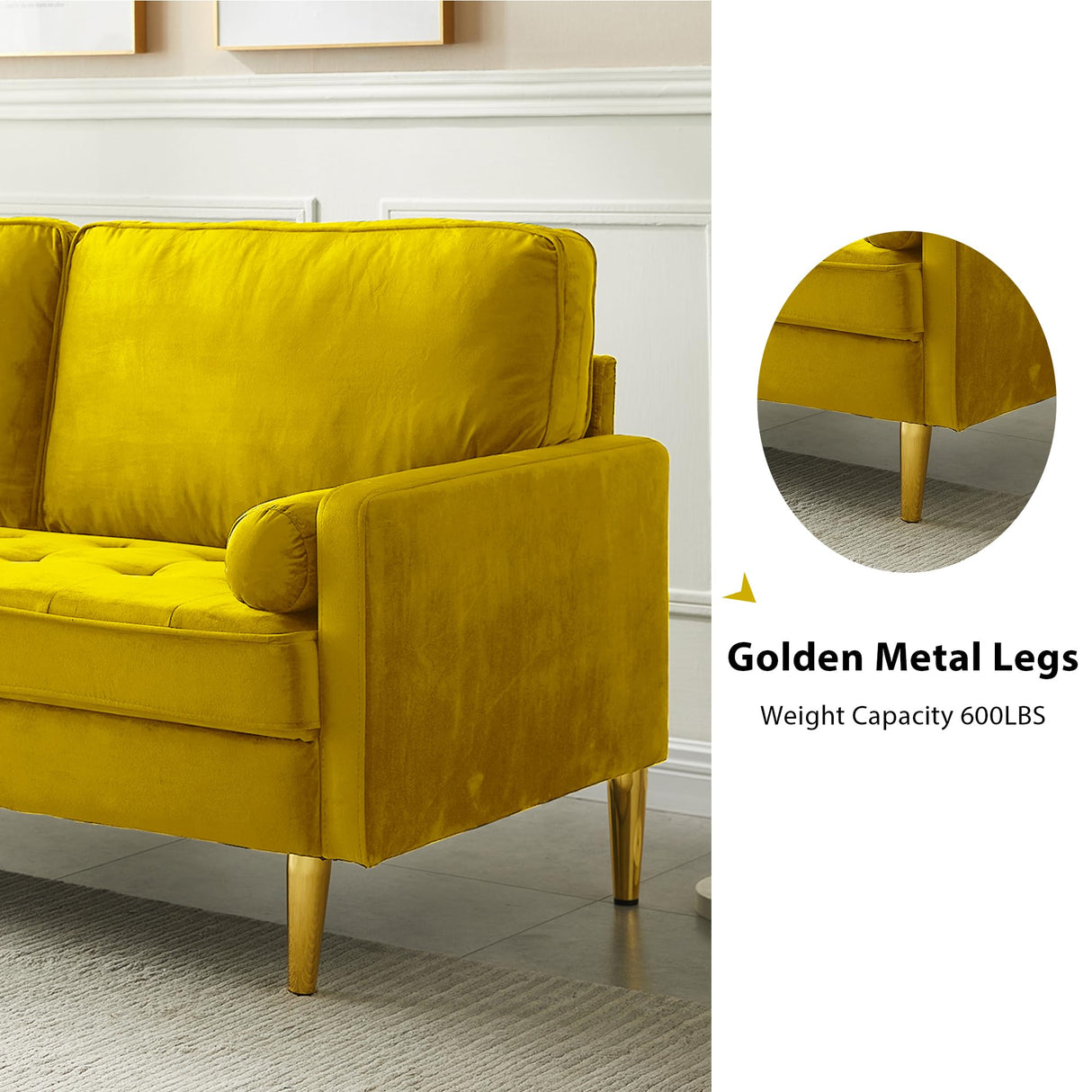 RXRRXY 67" Modern Velvet Loveseat Sofa Couch, Mid-Century Tufted Upholstered Small Love Seat Couch with 2 Pillows & 4 Golden Legs, 2-Seats Couches for Compact Space, Living Room, Apartment (Yellow) RXRRXY