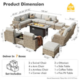 HOOOWOOO Outdoor Sectional Patio Furniture Set with Fire Pit Table,15 Pieces Wicker Conversation Sets L Shaped Couch,Extra Deep Out Door Sofa Outside Furniture with Swivel Chairs Ottomans,Light Gray HOOOWOOO
