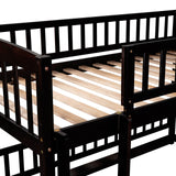 Twin Over Twin Bunk Bed with Slide for Kids, Low Bunk Bed Frame with Convertible Ladder & Detachable Fence, Solid Pine Wood Structure for Bedroom, Espresso Merax