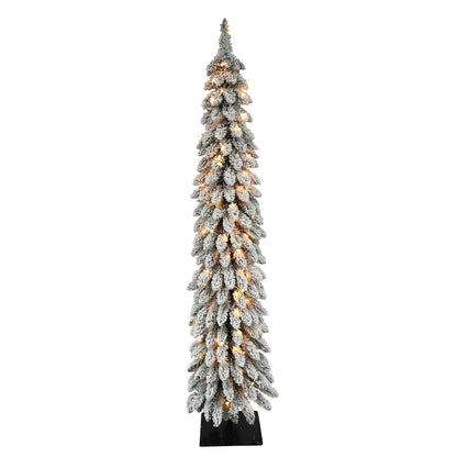 Puleo International Pre-Lit 5' Flocked Pencil Alpine Artificial Christmas Tree with 70 Lights