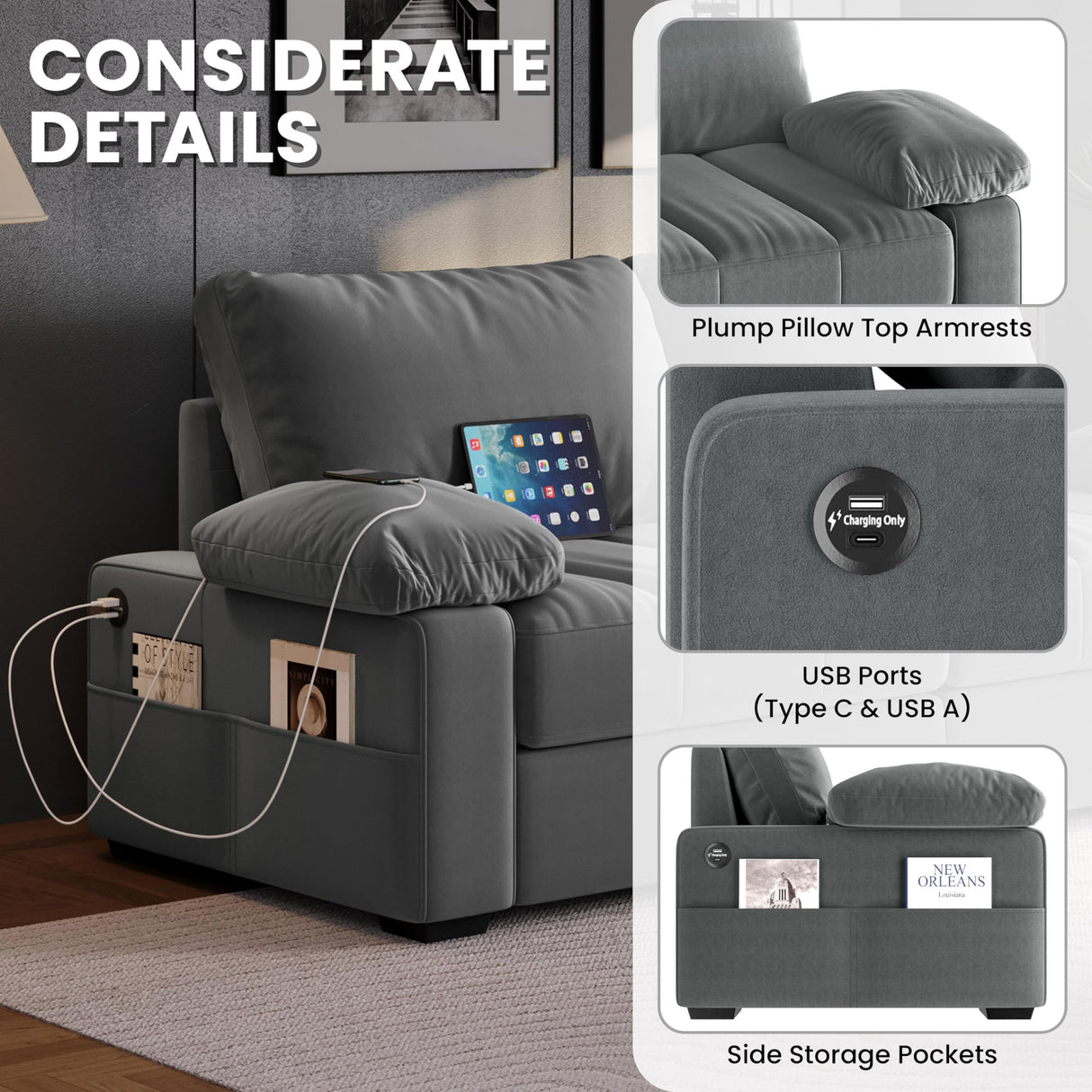 Yaheetech 79" Sofa Couch Modern Velvet Couch with Removable Covers & USB Ports Oversized Loveseat Sofas with Storage Pockets for Living Room Bedroom Apartment Gray Yaheetech