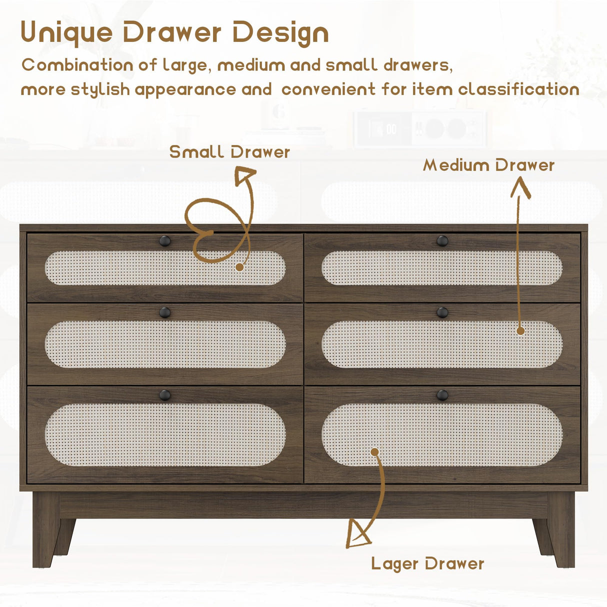 GAOMON Rattan 6 Drawer Dresser for Bedroom, Natural Rattan Boho Large Double Dresser, Wood Storage Closet Dressers Chest of Drawers, for Closet, Living Room and Entryway, Brown GAOMON