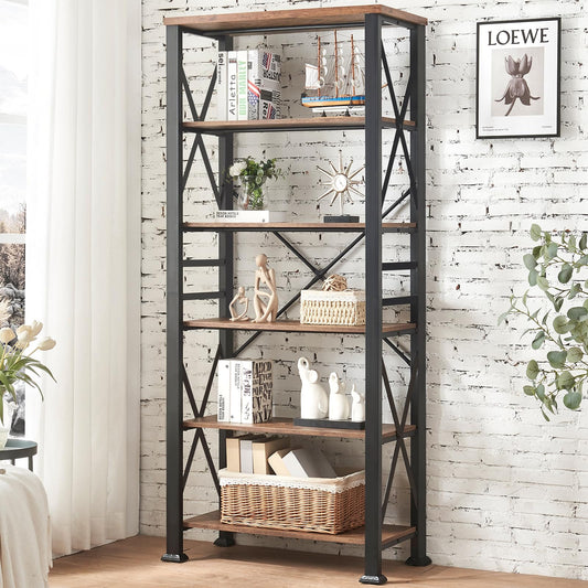 HOMBAZAAR 6-Tier Industrial Bookshelf – Stylish Freestanding Storage Organizer in Brown for Home & Office - WoodArtSupply