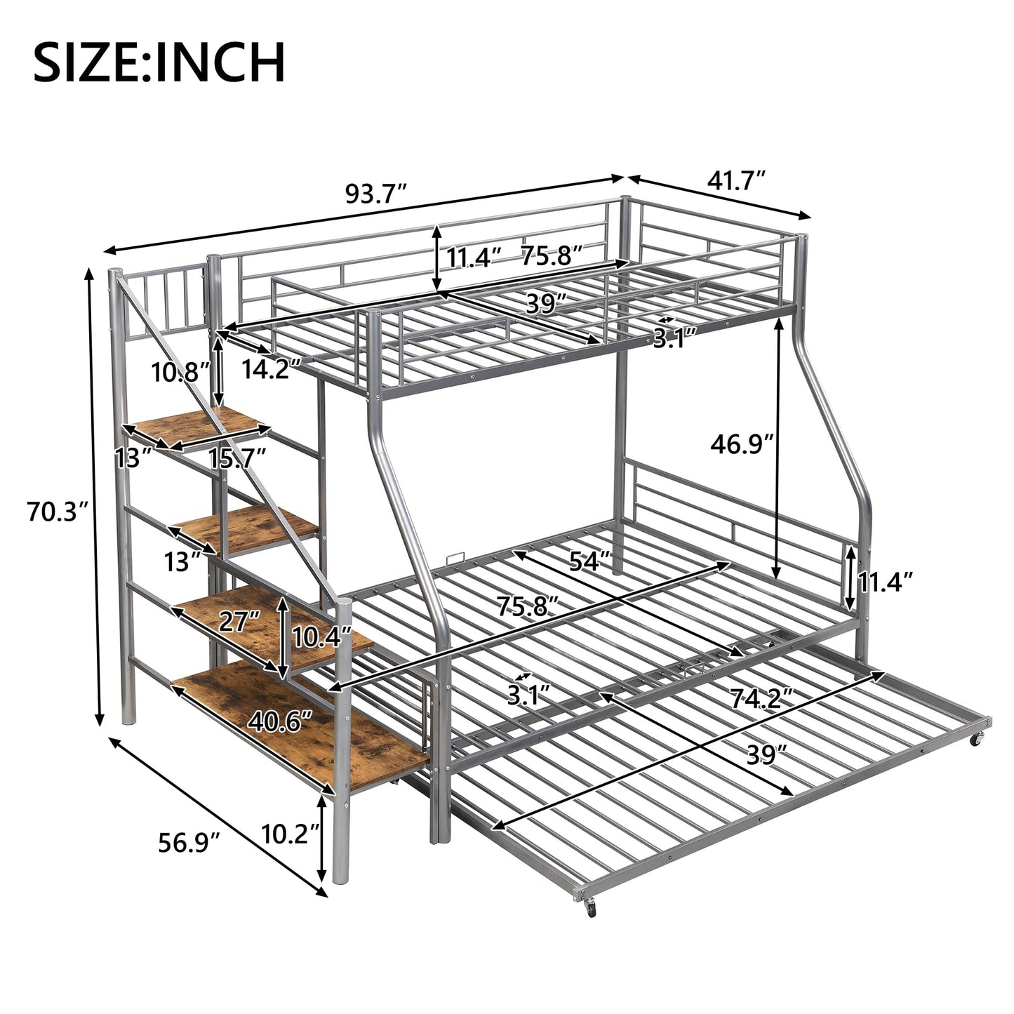 Ziraukon Twin Over Full Bunk Bed with Trundle and Stairs, Twin Over Full Size Metal Bed Frame with Storage and Safe Guardrails, Noise Reduced, No Box Spring Needed, Silver