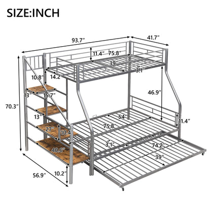 Ziraukon Twin Over Full Bunk Bed with Trundle and Stairs, Twin Over Full Size Metal Bed Frame with Storage and Safe Guardrails, Noise Reduced, No Box Spring Needed, Silver