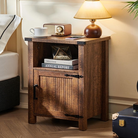 Joaxswe Night Stand with Charging Station and USB Port, 18 Inch Farmhouse Nightstand with Storage Shelf, Rustic Wood Bedside Table with Magnetic Door, Bed Side Tables for Bedroom, Reclaimed Barnwood Joaxswe
