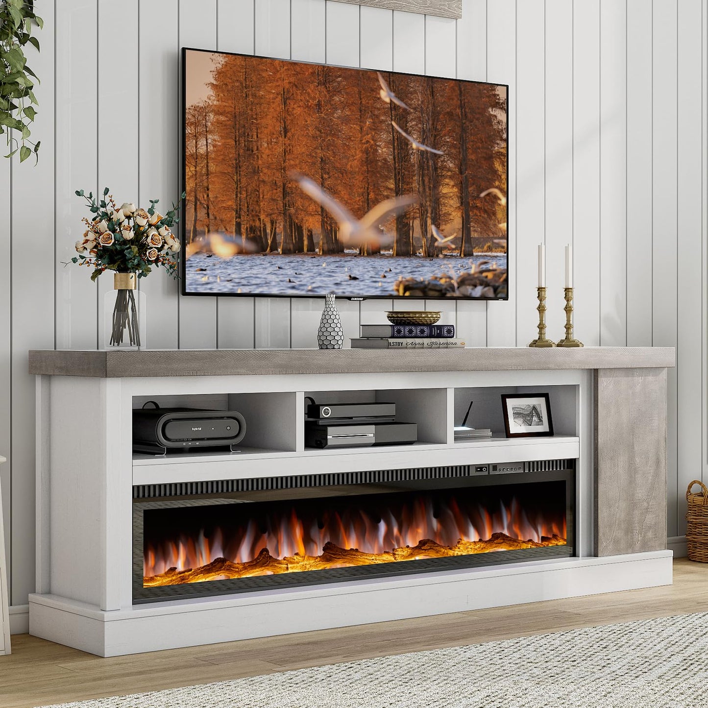 AMERLIFE 75" Fireplace TV Stand with 60" Glass Electric Fireplace, Color Contrast Rustic Media Entertainment Center with Storage for TVs Up to 85" for Living Room, White & Light Gray