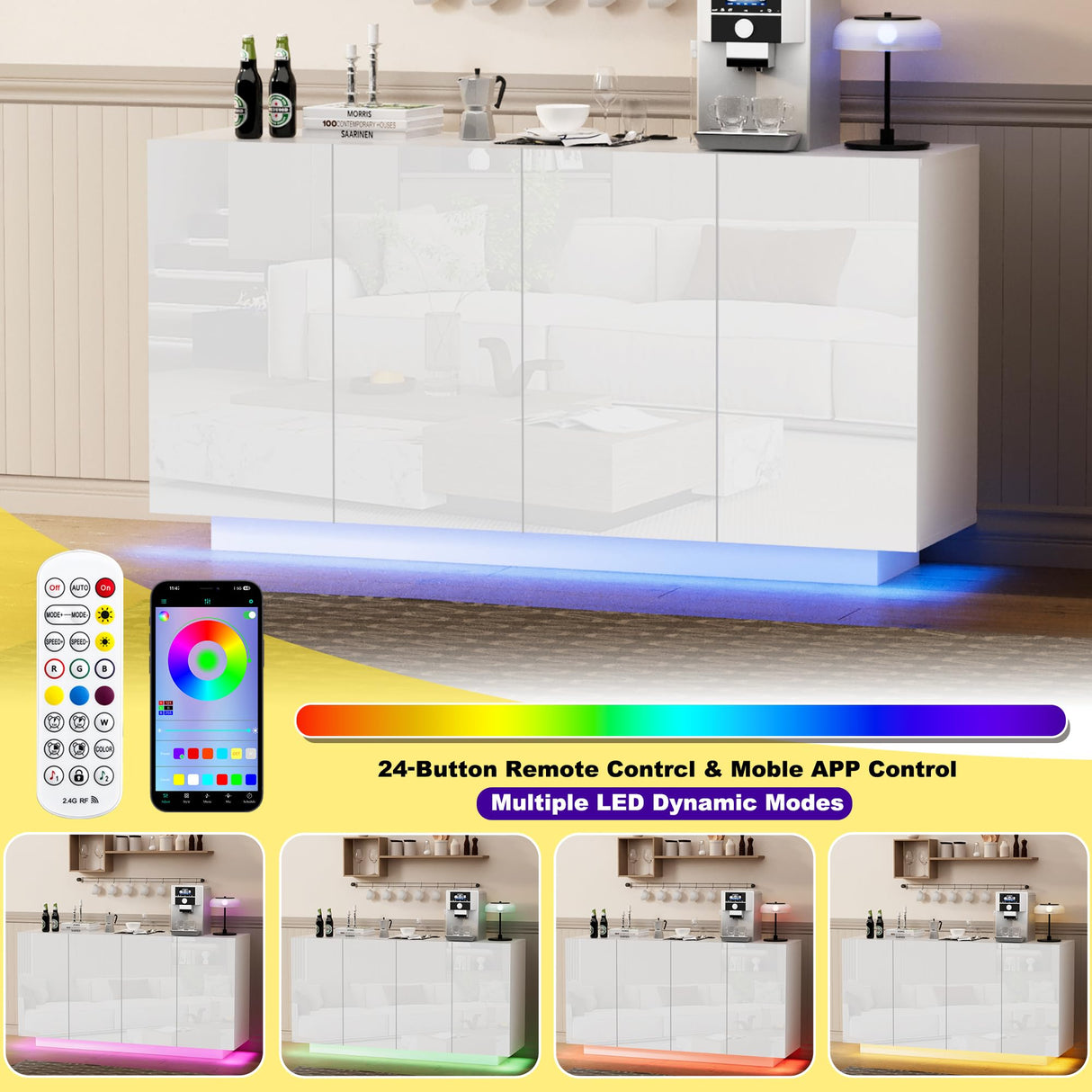 Anbuy White Buffet Cabinet with Lights 57.87'' Sideboard with Storage Coffee Bar with Charging Station Kitchen LED Buffet Cabinet with Doors for Bedroom, Living Room (White) Anbuy