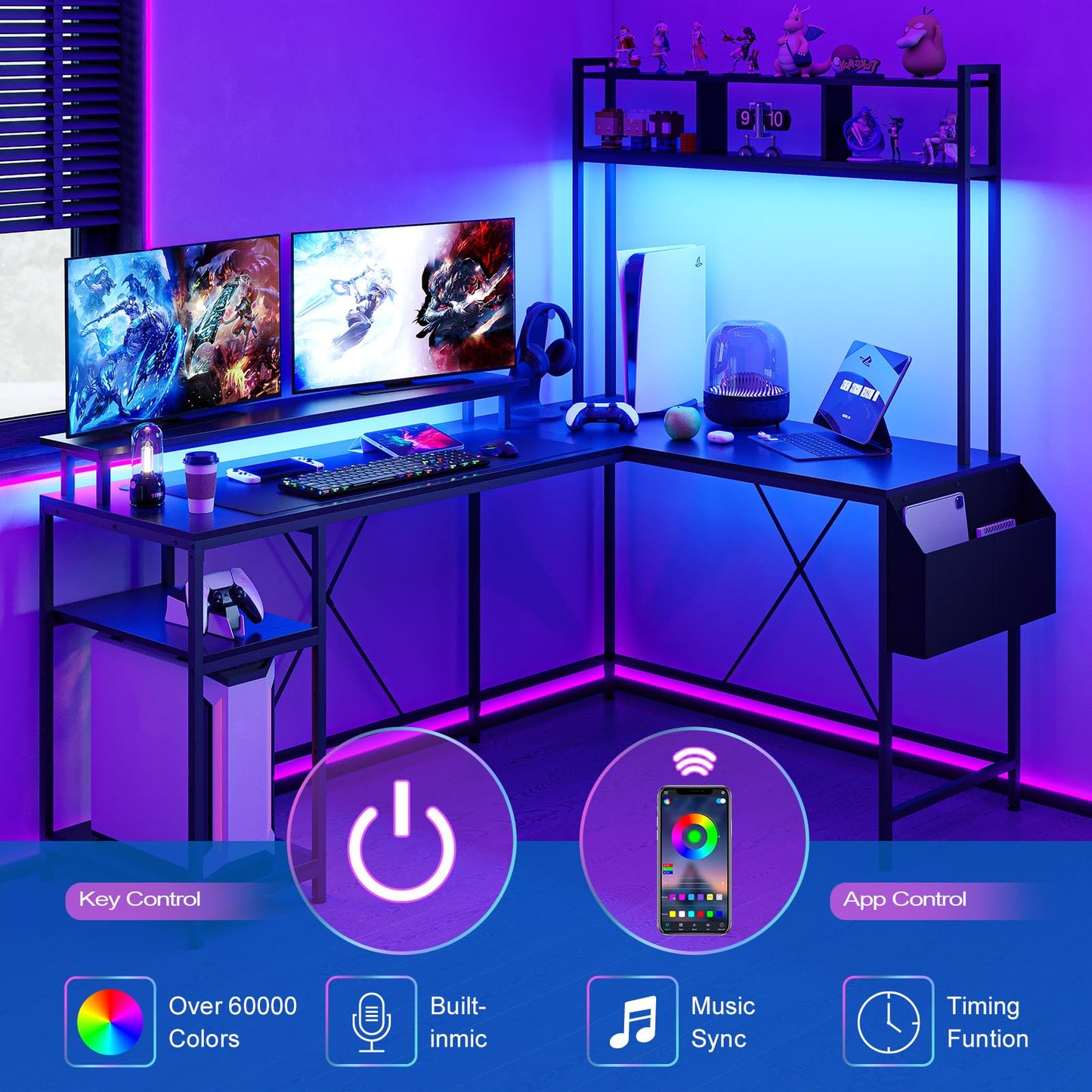 Jojoka L Shaped Computer Gaming Desk with LED Lights & Power Outlets, 67" Reversible Large L-Shaped Desk with Monitor Stand & Storage Shelves (Black)