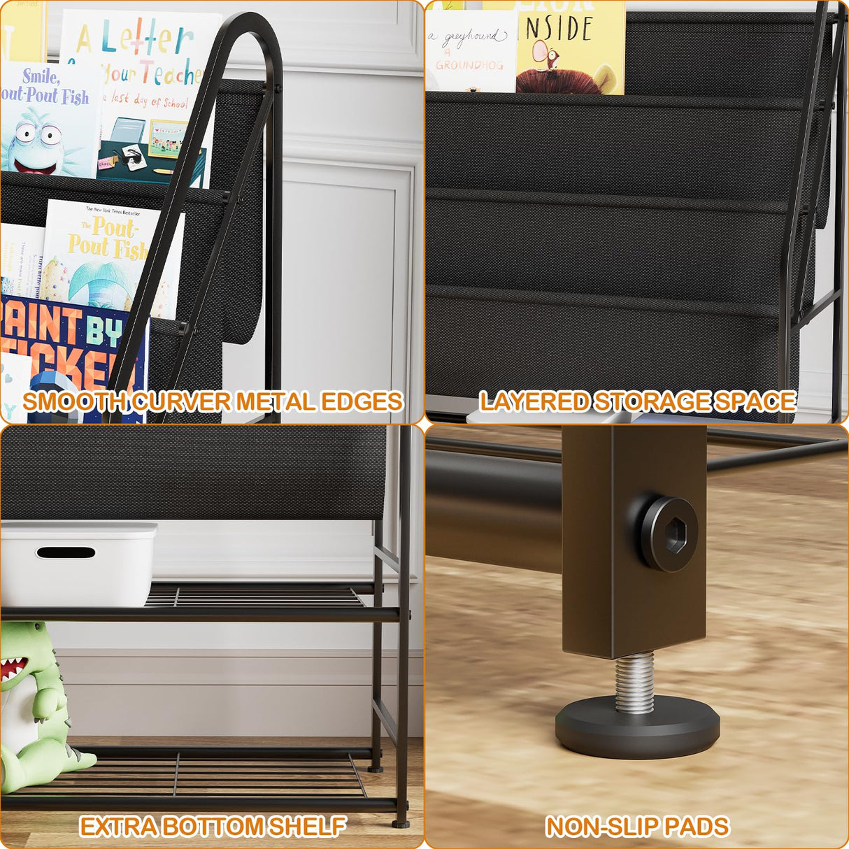 aboxoo Kids Bookshelf Freestanding Bookcase for Children Room, 32 in Book Shelves with 4 Deep Pockets Toy Organizer Large Stable Book Unit Storage for Bookstore Library Living Room,Black aboxoo