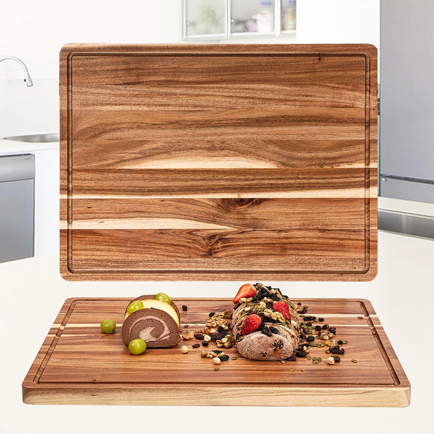 Extra Large Wood Cutting Board for Kitchen, 24" x 18" Acacia Wood Large Butcher Block Cutting Board with Juice Groove, Thick Wooden Chooping Board Carving Board for Meat Turkey Vegetables